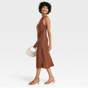 A New Day Satin Chocolate Brown High Neck Slip Dress